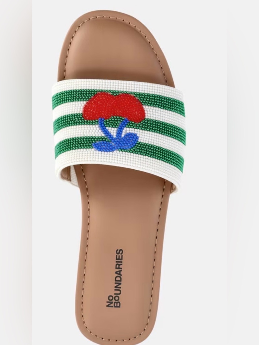 No Boundaries White & Green Beaded Slide Sandal with Red & Blue Cherry Accent